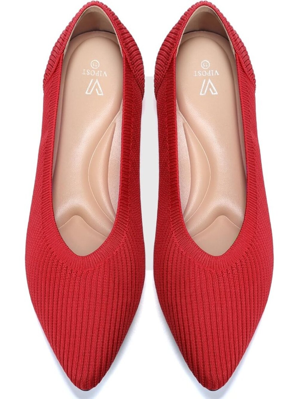 Women's Red Pointed Toe Comfort Foldable Slip On Dressy Knit Ballet Flat Shoes
